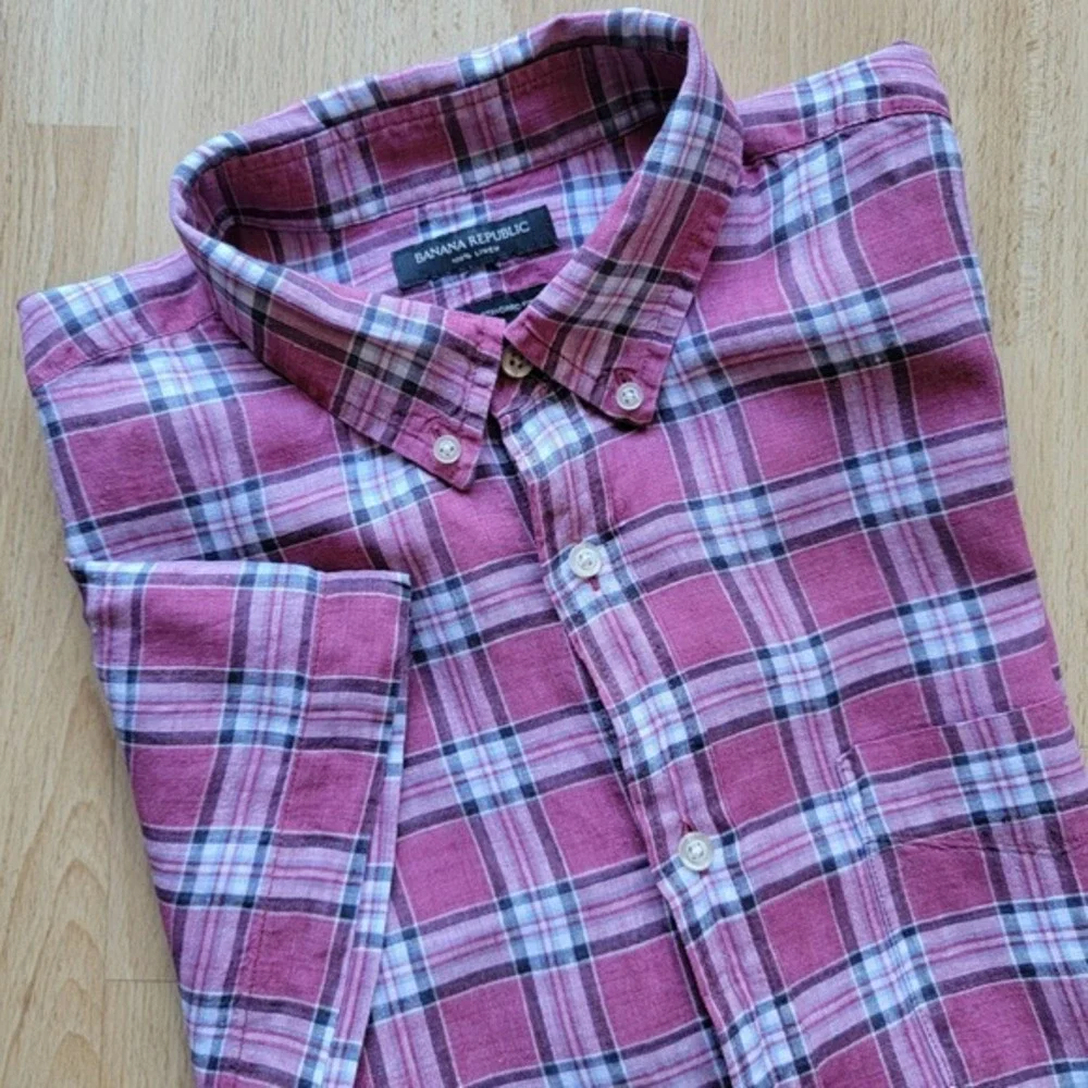 Banana Republic Mens 100% Linen Short Sleeve Plaid Button Down Shirt Pink Size L